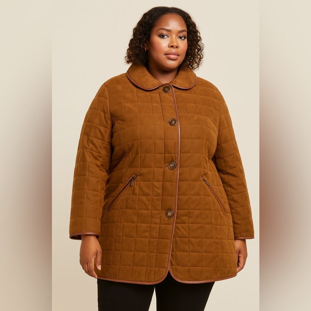 Pamela McCoy Brown Quilted Chore Jacket with Leopard Print Lining‎ Sz. L/XL